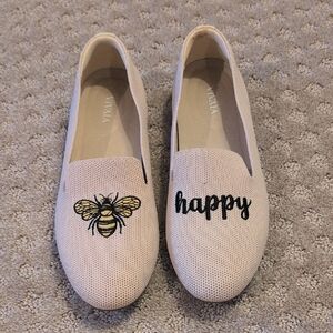 Vivaia Round Toe oe Embroidered Loafers, Cream Color Bee Happy